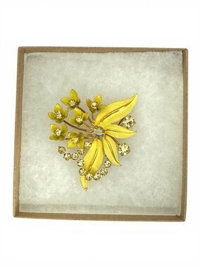 Vintage Austria Floral Rhinestone Brooch Gold Tone Spray Aurora Borealis Mid